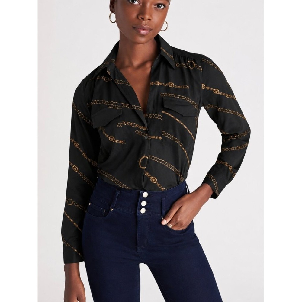 Ann Taylor NEW Black Chain Link Print Camp Shirt Long Sleeve SZ Medium Petite